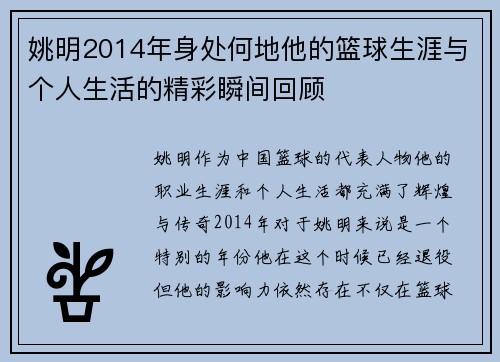 姚明2014年身处何地他的篮球生涯与个人生活的精彩瞬间回顾
